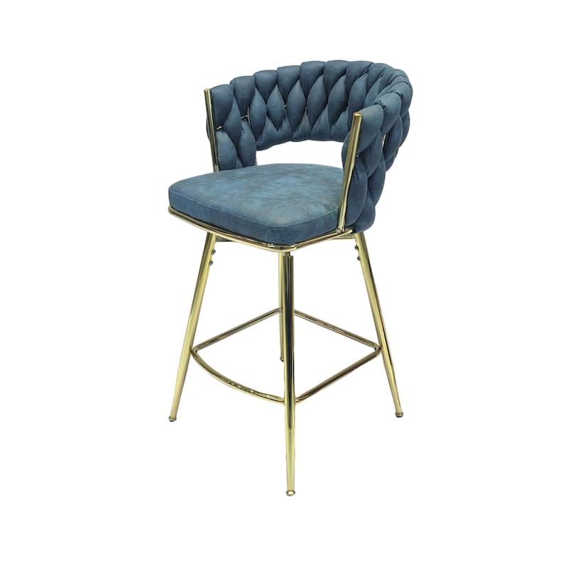 Suede Woven Bar Stool Set of 2,Golden legs Barstools No Adjustable Chairs,360 Swivel Upholstered Bar Stools with Back Footrest