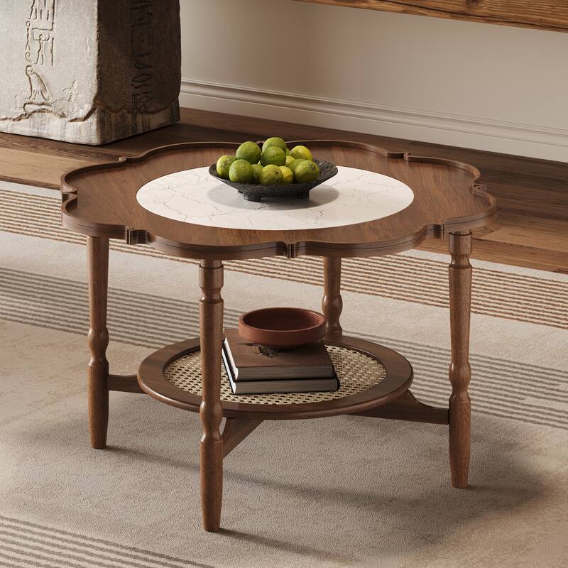 Roomfitters Mid-Century Coffee Table, Petal Shape Accent Table with Rattan Shelf and White Glass Top, Walnut