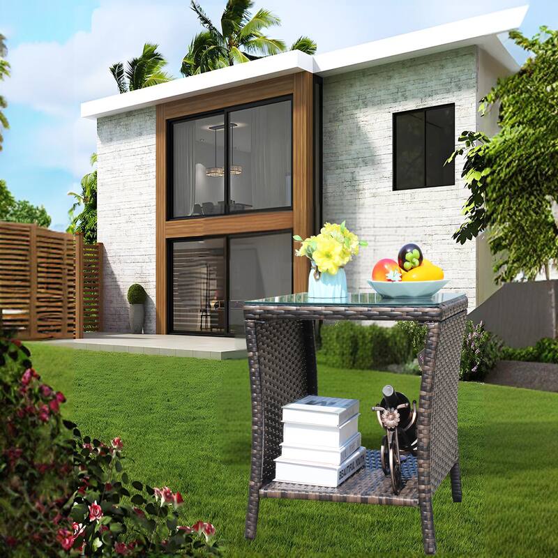 Anmytek Gray Rattan Side Table with Tempered Glass Top Indoor Outdoor Wicker Patio Table Double Tier Storage - 19.25*19.25 - 19.25 in. W X 19.25 in. D X 21 in. H