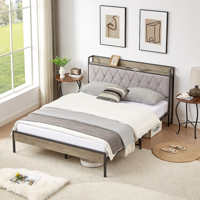 Grey Queen Size Bed Frame with Charging Station, Particle Board and Steel, 2 USB Ports,