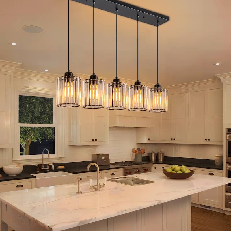 Starsky 5-Light 32in. Modern Crystal Linear Chandelier Cluster Cylinder Glass Kitchen Island Light