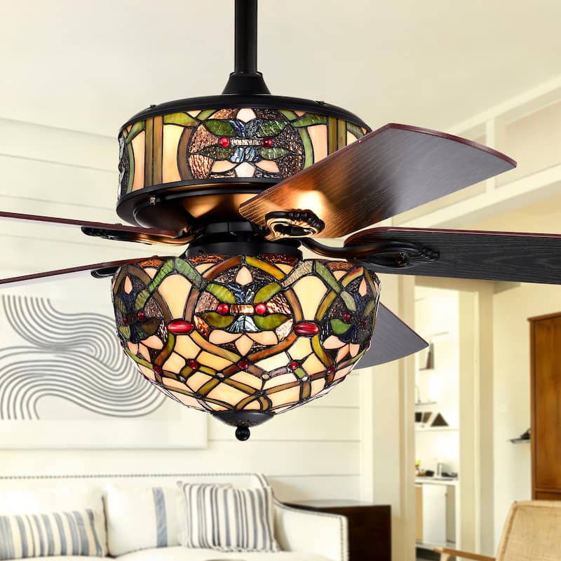 Parponk 52-Inch Flushmount Two-Tiered Lighted Ceiling Fan Green Hatch Tiffany Glass Lamp Black Finish