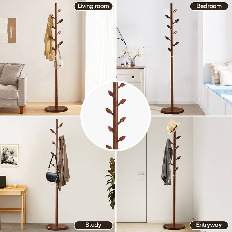 Tree-branch Rubberwood Freestanding Coat Rack with Hooks