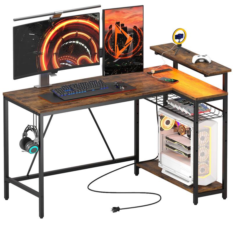 Reversible L Shaped Desk LED Computer Desk with Power Outlets and Monitor Stand Office Desk - 52 inches x 32 inches - Rustic Brown