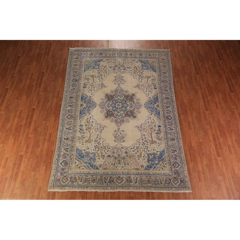 Geometric Tabriz Persian Area Rug Handmade Beige Wool Carpet - 7'8"x 11'3"