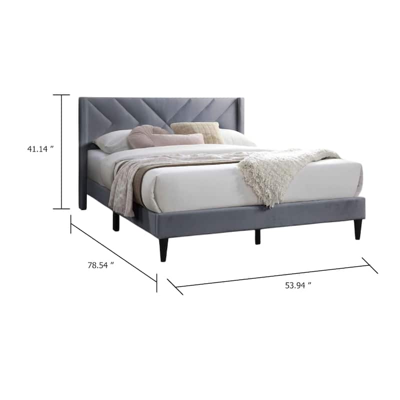 Niasa Full Size Bed, Chevron Tufted Gray Velvet Upholstered Foam