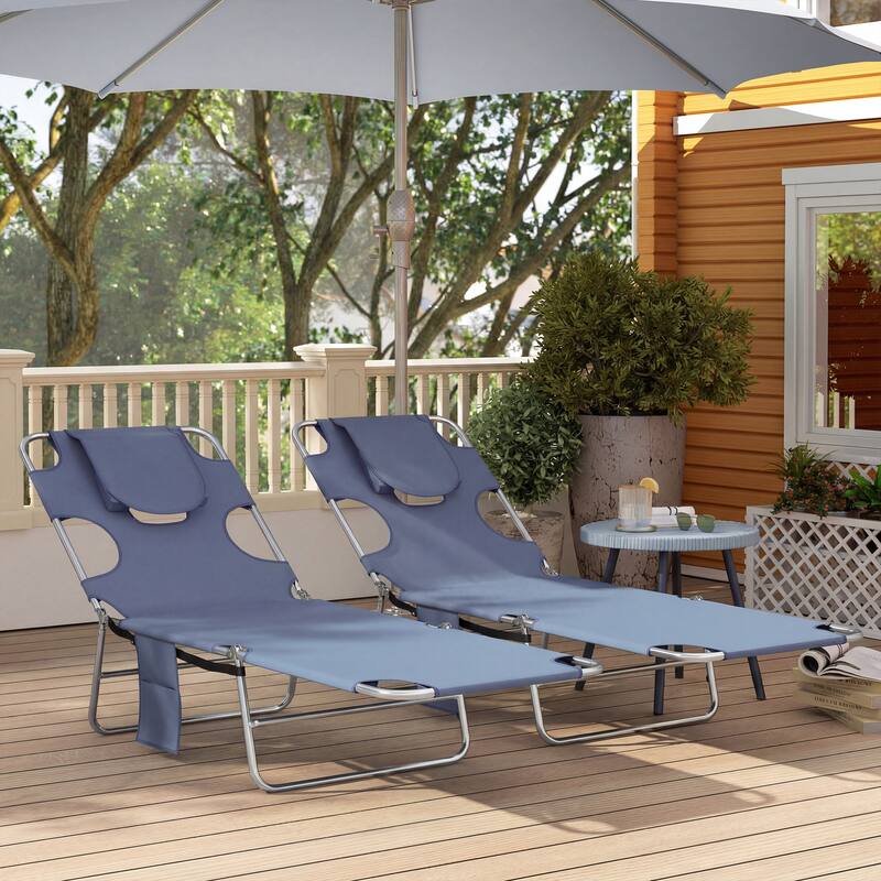 Outsunny Chaise Lounge Chair Outdoor Set of 2 with Face Arm Hole, 5-Position Reclining Face Down Tanning Chair with Carry Strap