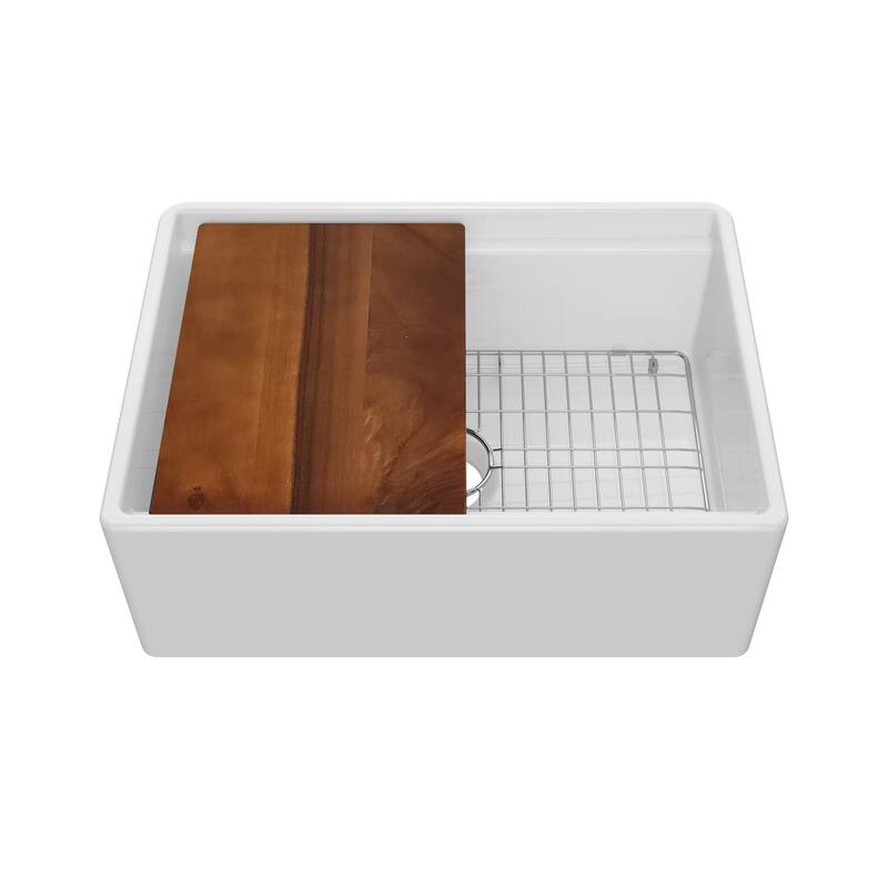 Front apron single bowl fireclay kitchen sinks with walnut wood cutting board and stainless steel grid - 19x27