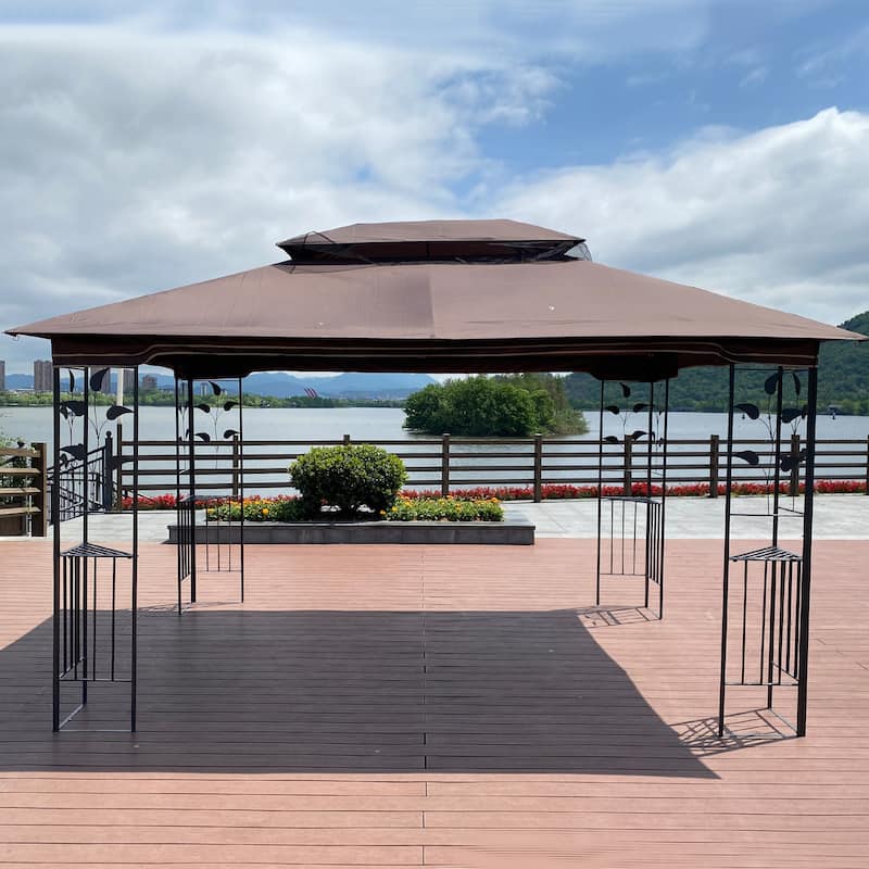 13x10 FT Patio Steel Gazebo, Canopy Tent with Ventilated Double Roof, Mosquito Netting & Privacy Screens for Garden, Backyard