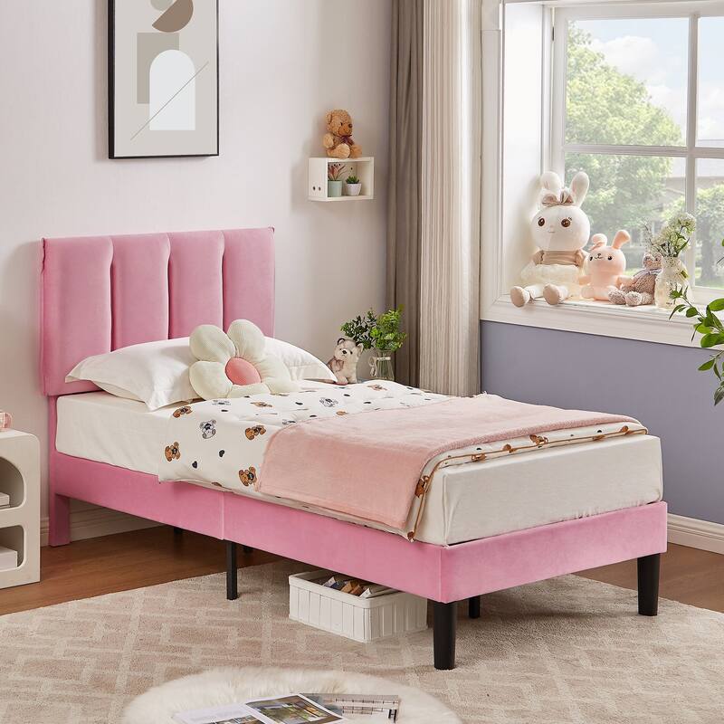 VECELO Pink Tufted Upholstered Platform Bed Frame with Adjustable Height Headboard Twin/Full/Queen Size Beds
