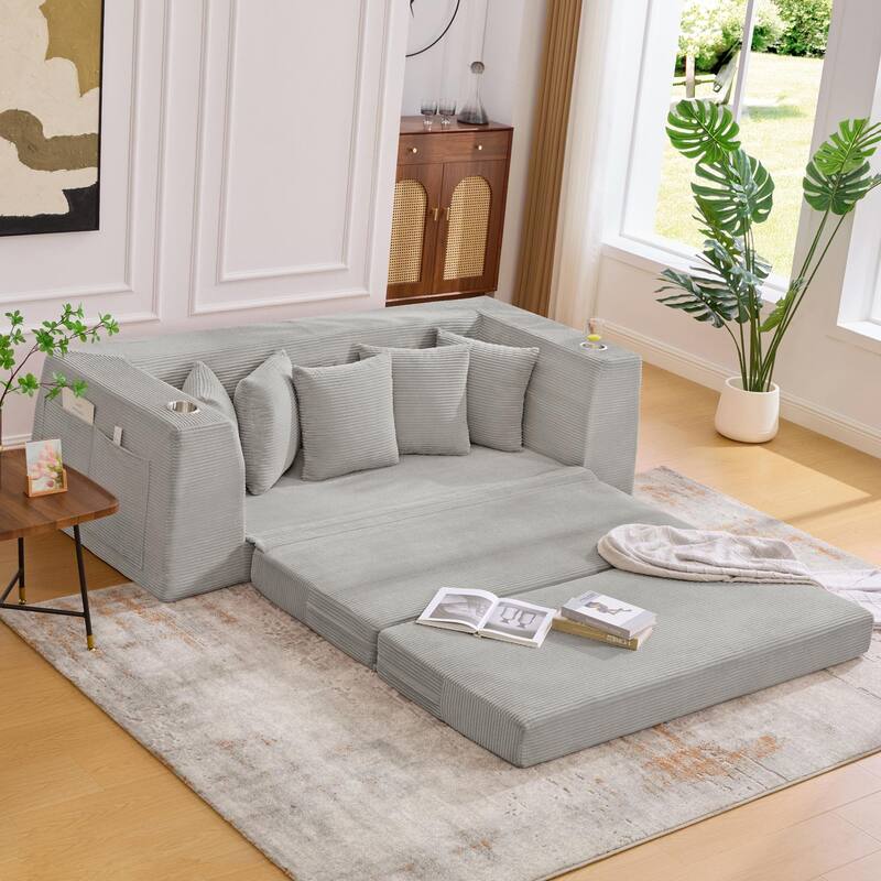 Modern Convertible Loveseat Sofa Bed, Corduroy Fabric Foldable Floor Couch w/5 Pillows, Side Pockets & Cup Holders, No Assembly
