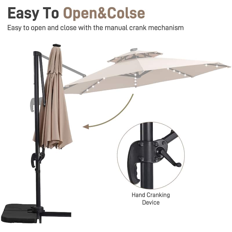 Autlaycil 10FT Cantilever Patio Umbrella with Solar Lights Included Base 360 Rotation Large Offset Hanging Outdoor Shade