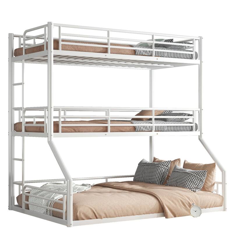 Twin over Twin over Full Triple Bunk Bed - Metal Frame with Safety Guardrails & Noise-Reduced Design