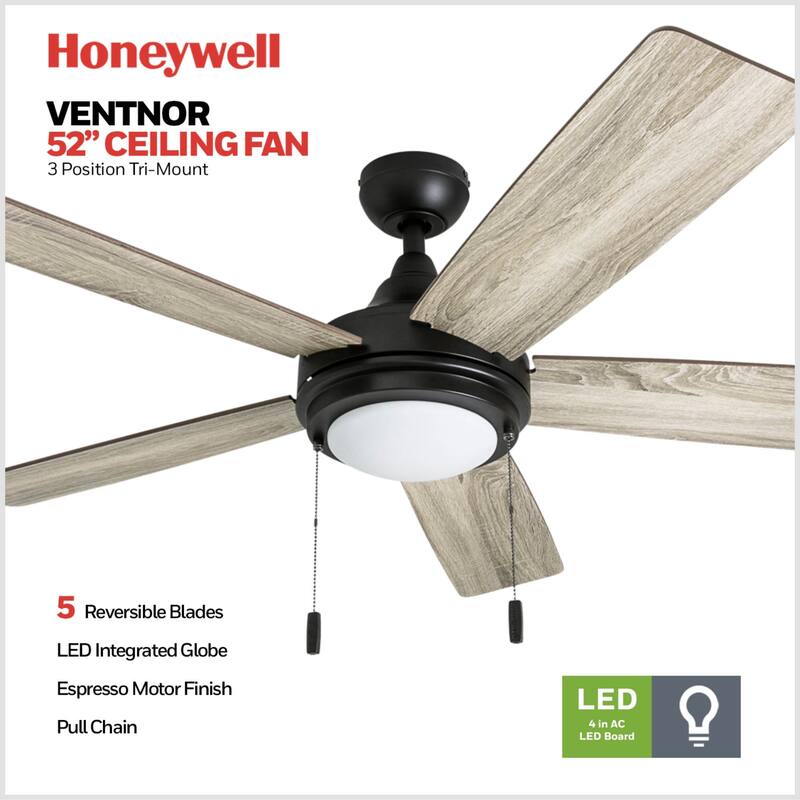 52" Honeywell Ventnor Bronze Modern Farmhouse Indoor LED Ceiling Fan with Light, Pull Chain