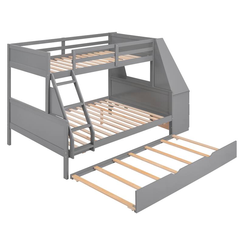 Twin over Full Bunk Bed with Trundle, Built-in Desk, Drawers, and Shelf, Gray