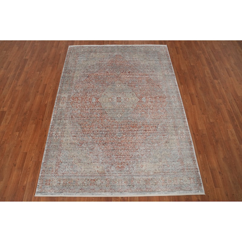 Machine Made Oriental Polyester Carpet Medallion Oranges & Rust Distressed Area Rug - 7' 5'' X 5' 2''