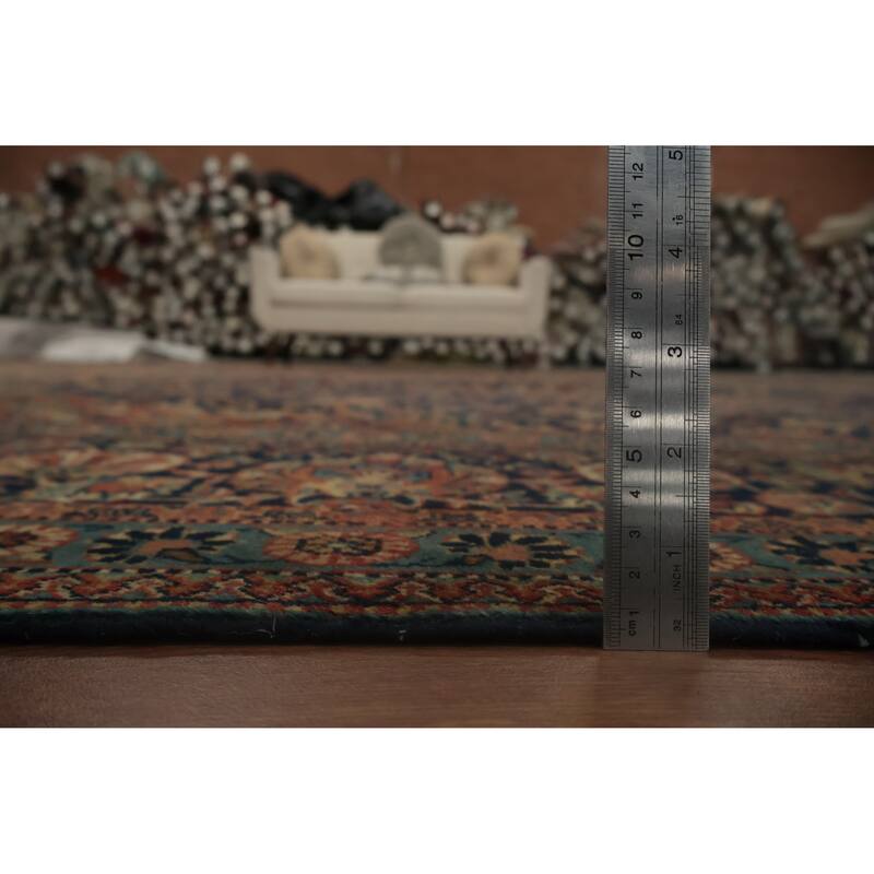 Hand Knotted Oriental 100% Wool Carpet Traditional Floral Navy Blue & Blues Kashan (Dabir) Area Rug - 11' 2'' X 8' 6''