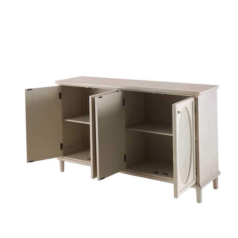 Wooden Geometric Washed Oval Rattan Front 4 Door Sideboard with Round Silver Knobs - Light Gray - Roche River Decor