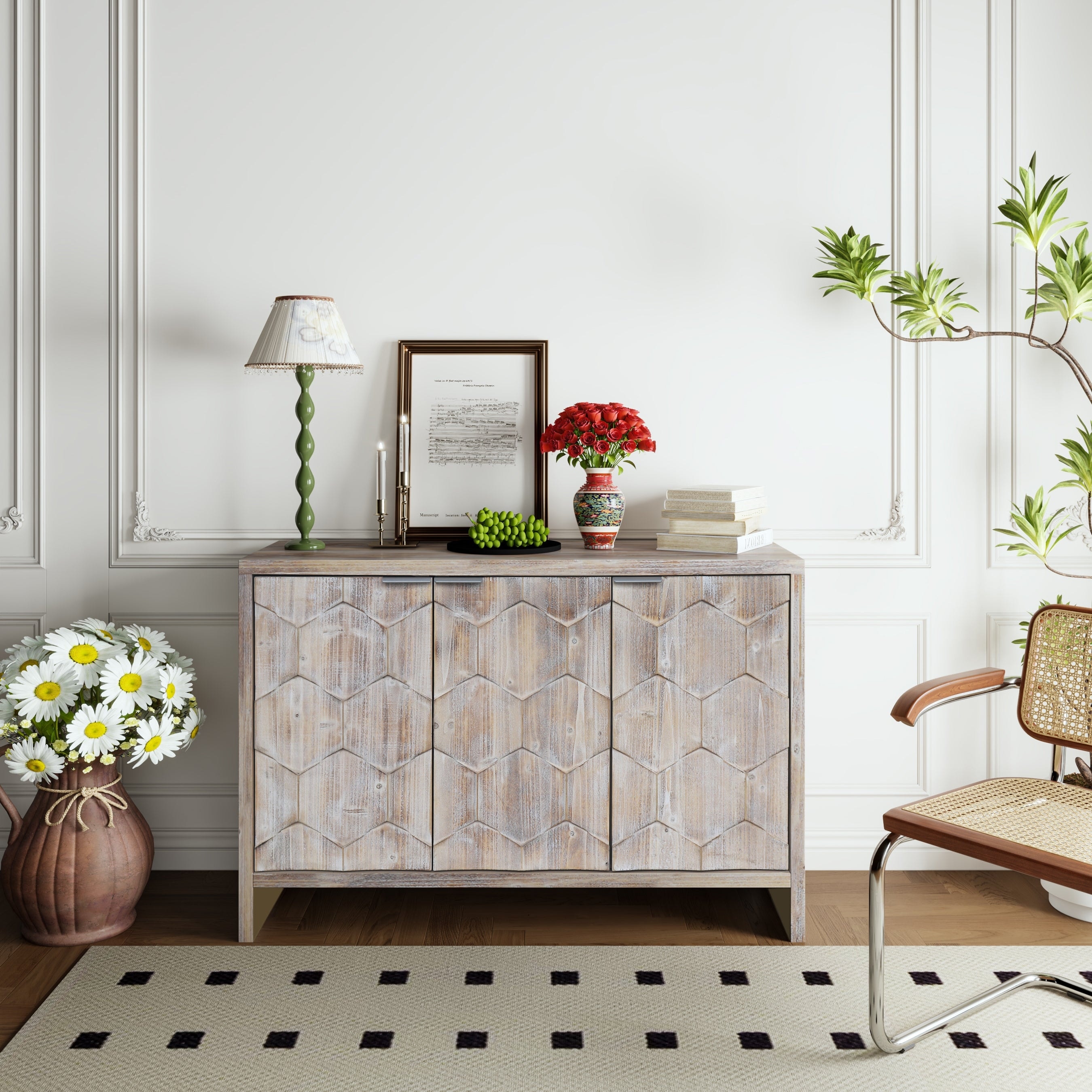 Accent Cabinet Farmhouse Style 3 Door Wooden Cabinet Sideboard
