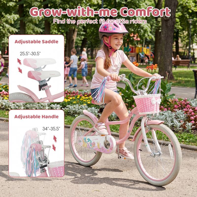 Gymax 20'' Girls Bike w/Removable Basket Streamers Hand Brake &