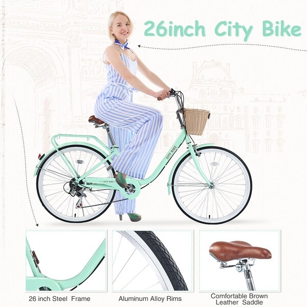 7-Speed City Bike for Women with Basket, 26 Inch Steel Frame