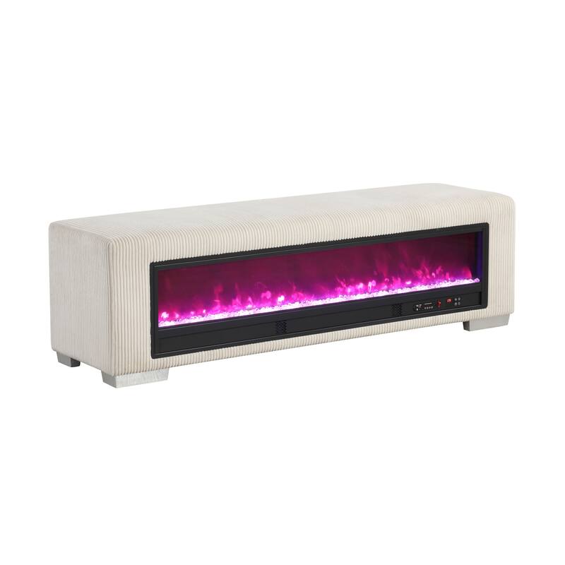 Furniture of America Goffney Chenille Bench with Fireplace Simulator and Bluetooth Audio