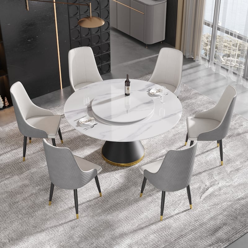 59" Modern Marble Dining Table Round Dining Table with Lazy Susan - Black