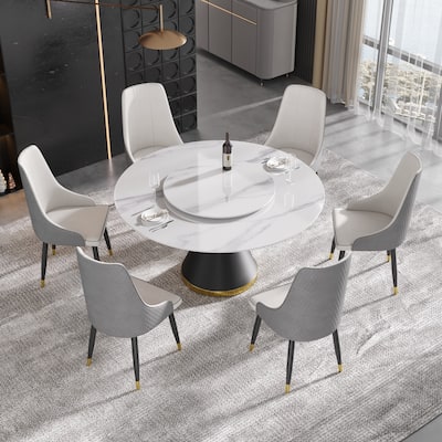 59" Modern Marble Dining Table Round Dining Table with Lazy Susan
