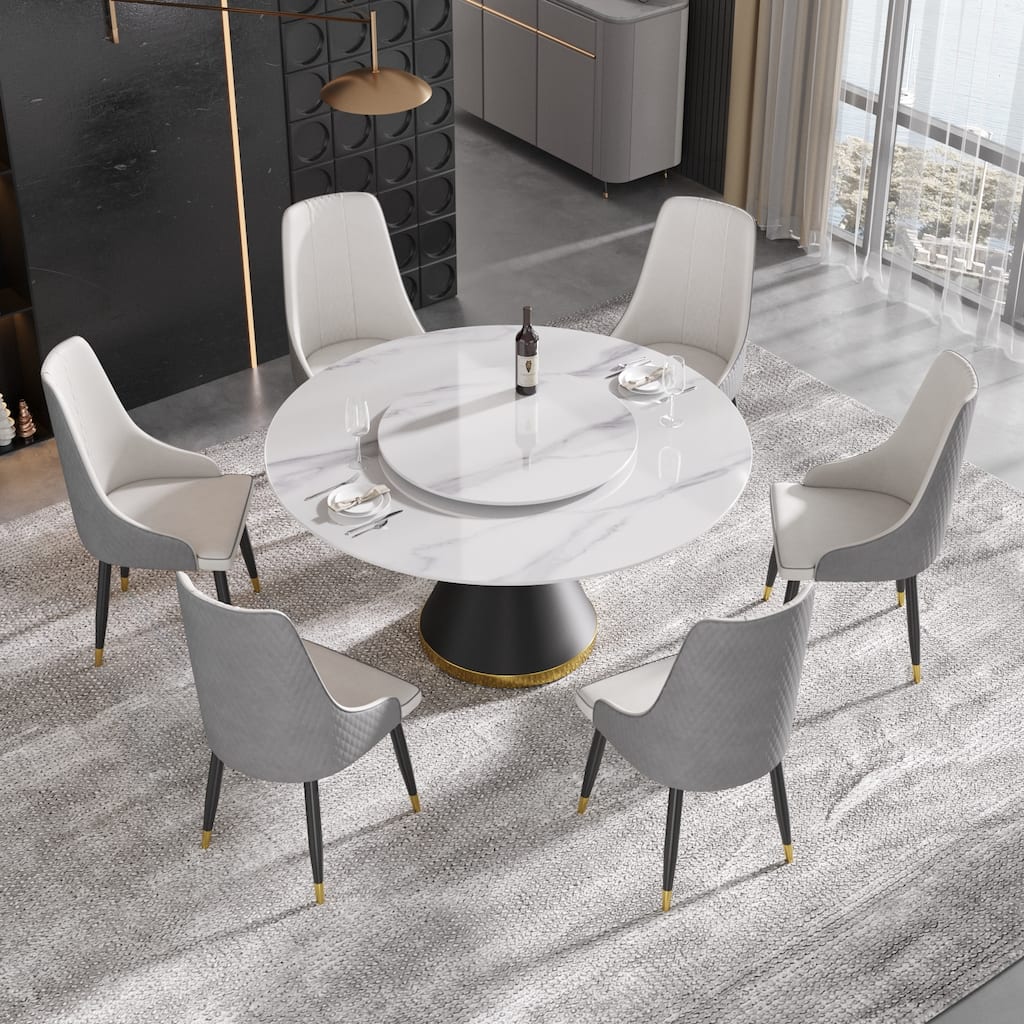 59" Modern Marble Dining Table Round Dining Table with Lazy Susan