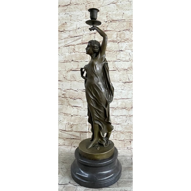 Figurative Greek Roman Woman Candle Holder Candelabra Bronze Sculpture Statue Art