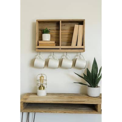 Handmade Reclaimed Wood Floating Shelf with Hooks - Farmhouse Coffee Bar Wall Organizer