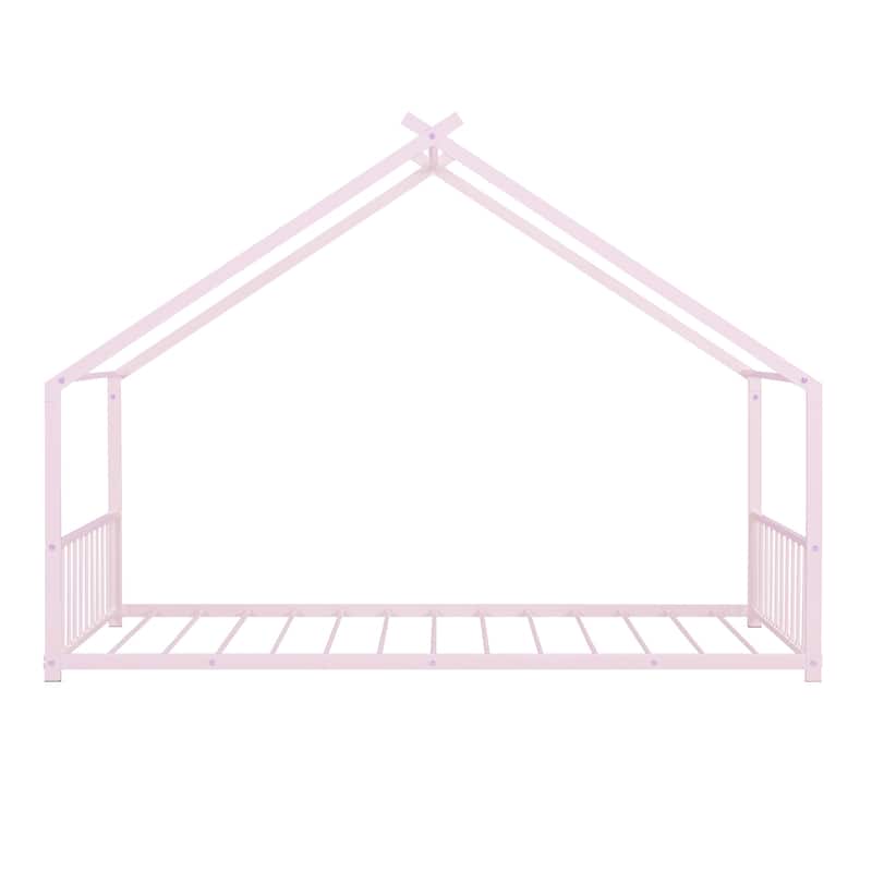 Metal House Bed with Roof, Fence, and Back