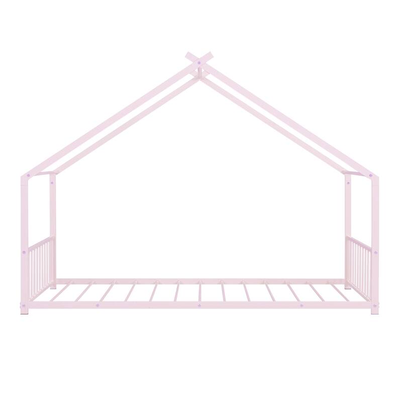 Twin Size Metal House Bed with Roof for Kids, Sturdy Frame, No Box Spring Needed