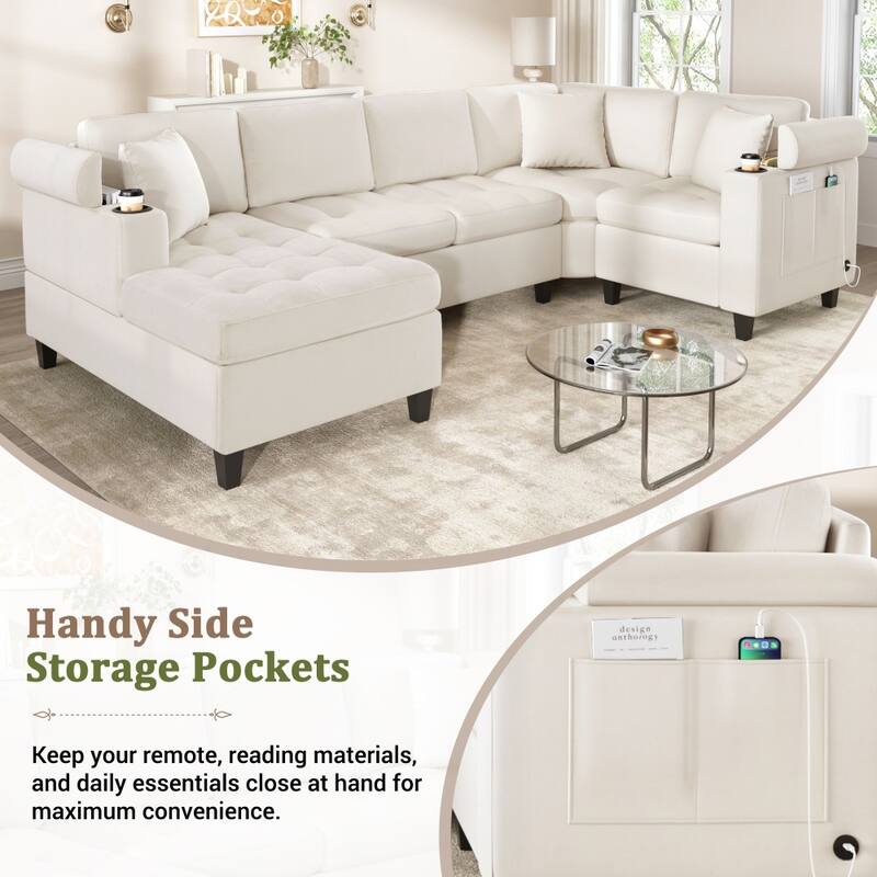 115.7" Modern Corner Oversized Sectional Sofa with Built-in Cup Holders and USB Ports