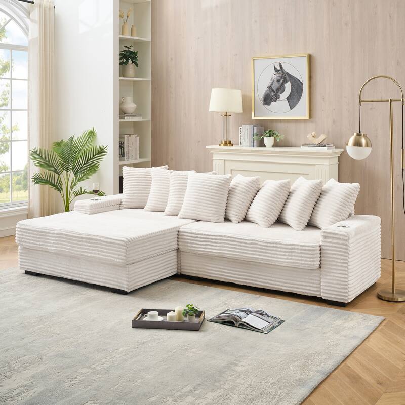 Oversized Two-Piece Couches, L Shaped Sofa, Corduroy, Right Chaise Daybed,with Armrests,Eight Throw Pillows,Corner Sofa