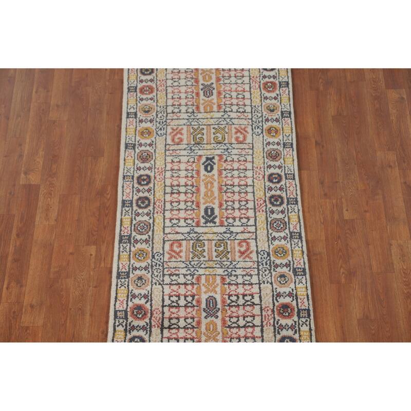 Geometric Khotan Oriental Runner Rug Hand-Knotted Wool Carpet - 2'6" x 8'0"