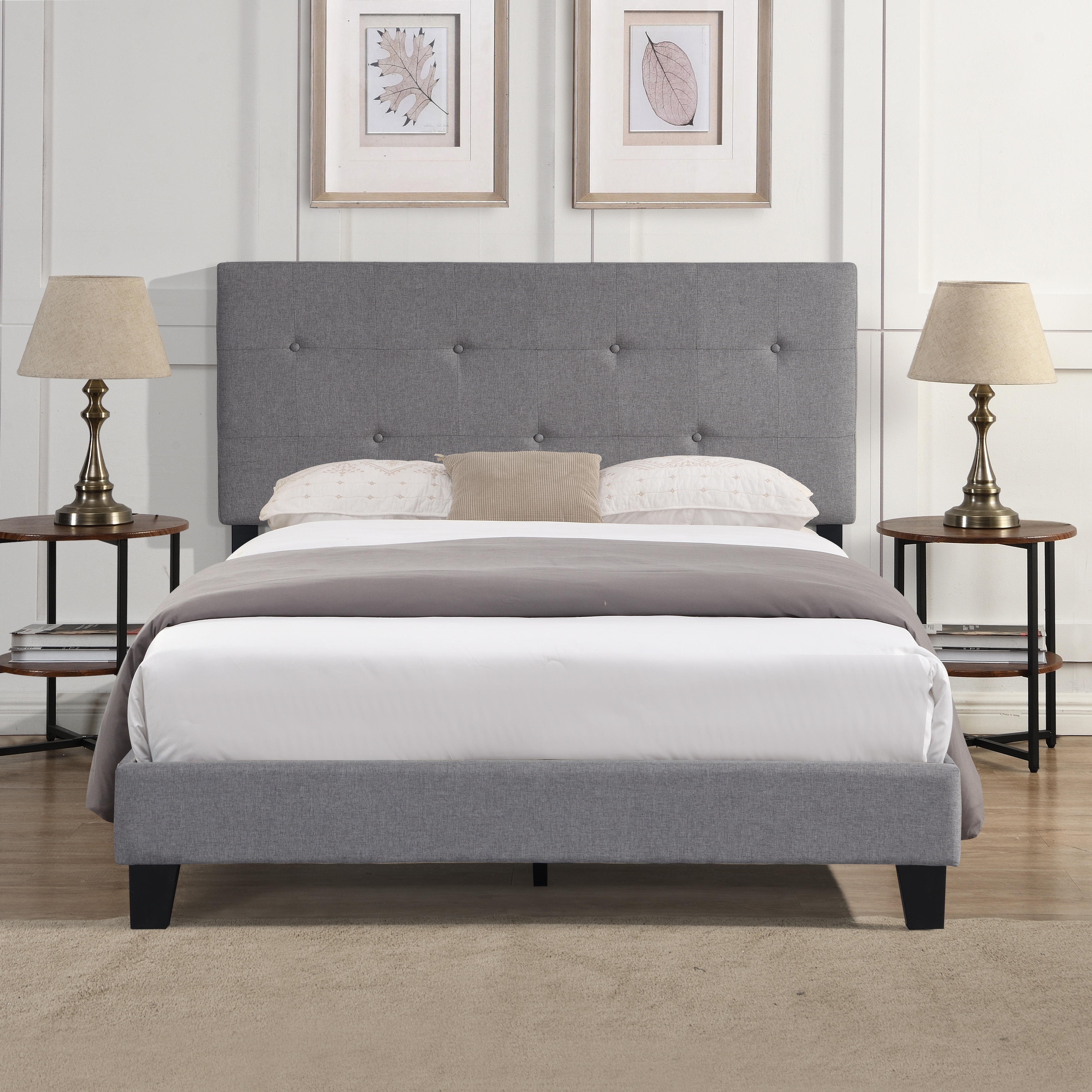 Classic Upholstered Platform Bed, Linen Fabric Low Profile Bed Frame with Button Tufted Headboard, Wooden Slat Support
