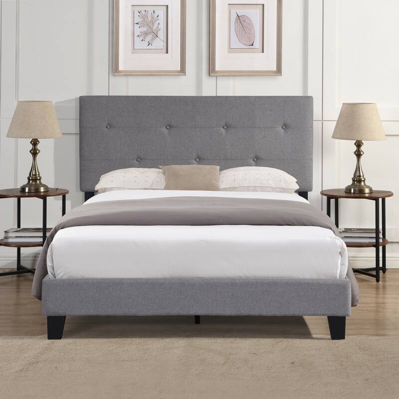 Queen Size Upholstered Platform Bed with Button Tufted Headboard, Easy Assembly - Gray