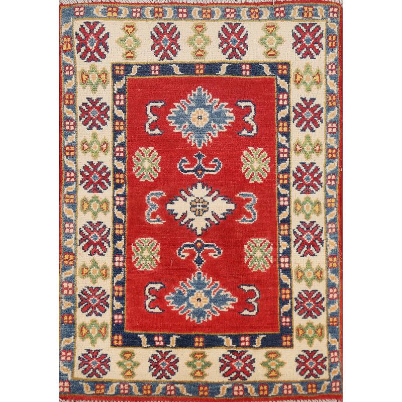 Red Geometric Kazak Foyer Rug Handmade Wool Carpet - 2'0" x 3'0"