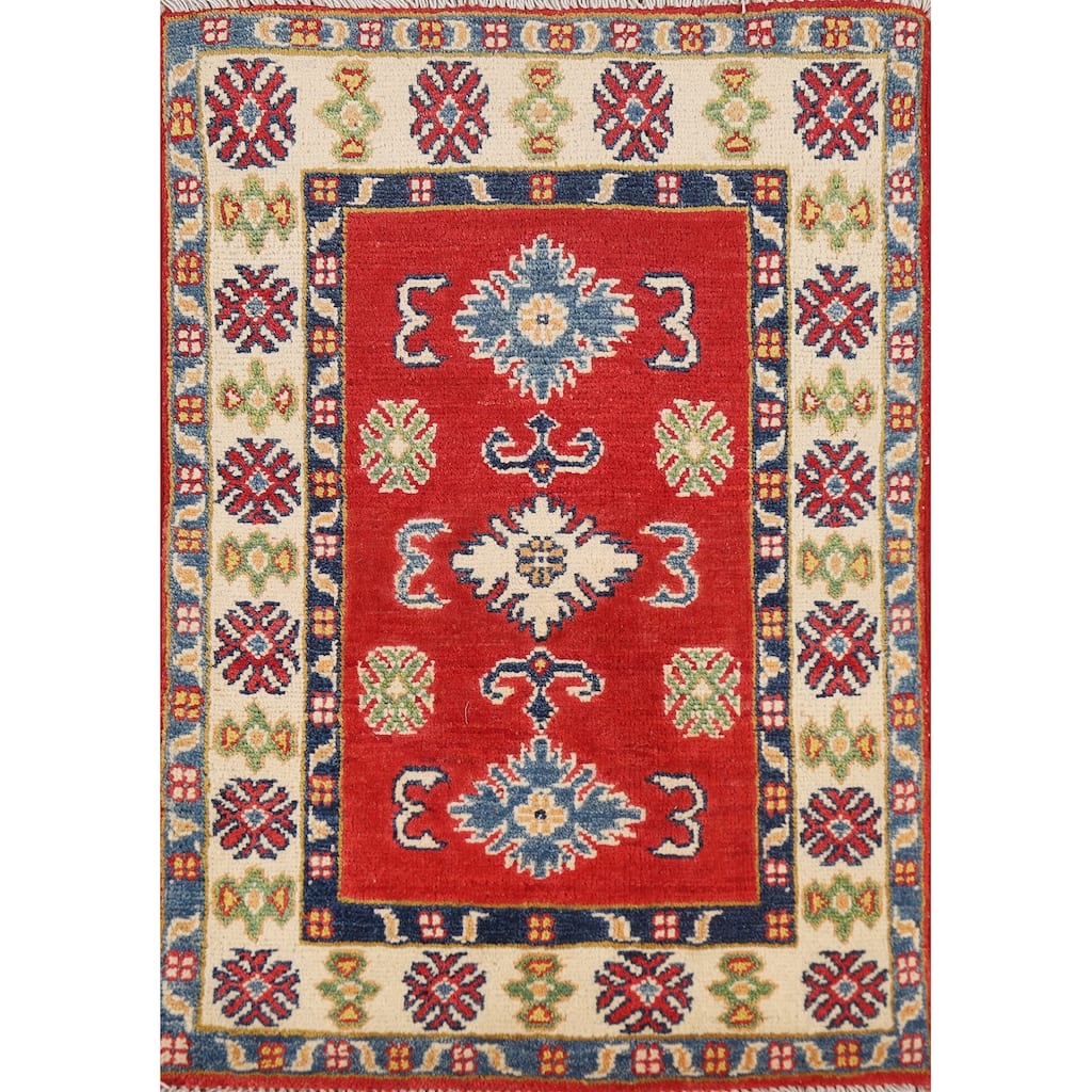 Red Geometric Kazak Foyer Rug Handmade Wool Carpet - 2'0" x 3'0"