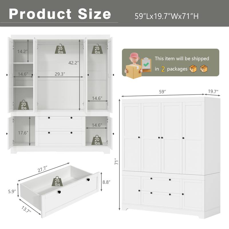 Meyreso White Modular Wardrobe Closet with Drawers, Convertible Stacking Armoire - N/A