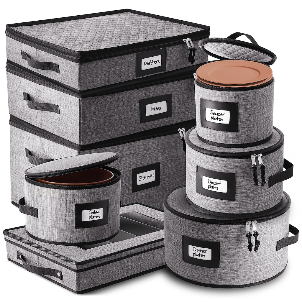 StorageBud Dinnerware Storage Containers - Stackable Holders for Plates, Cups, Flatware, Stemware, & Platter Sets