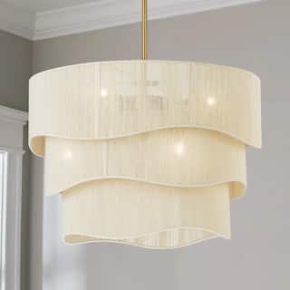 6-Light Farmhouse Modern Drum Chandelier Boho Ivory Rope Fabric Chandelier for Dining Room/ Foyer/ Living Room