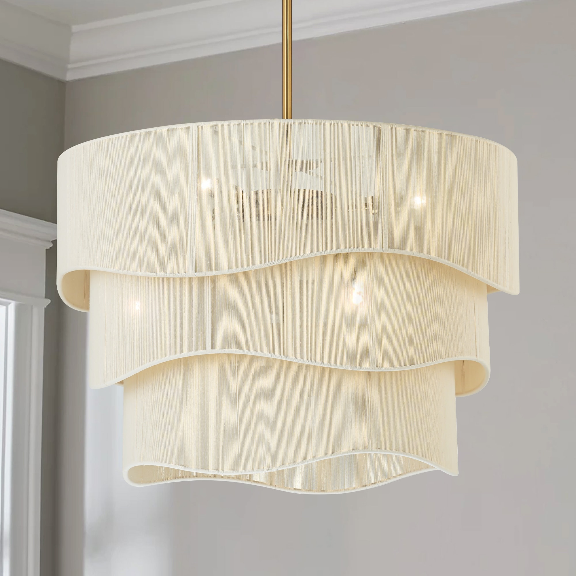 6-Light Farmhouse Gold Ivory Rope Fabric Drum Chandelier Round Woven Pendant Ceiling Light
