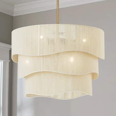 6-Light Modern Boho Large Drum Chandelier 3-Tiered Handwoven Ivory Rope Fabric Chandelier