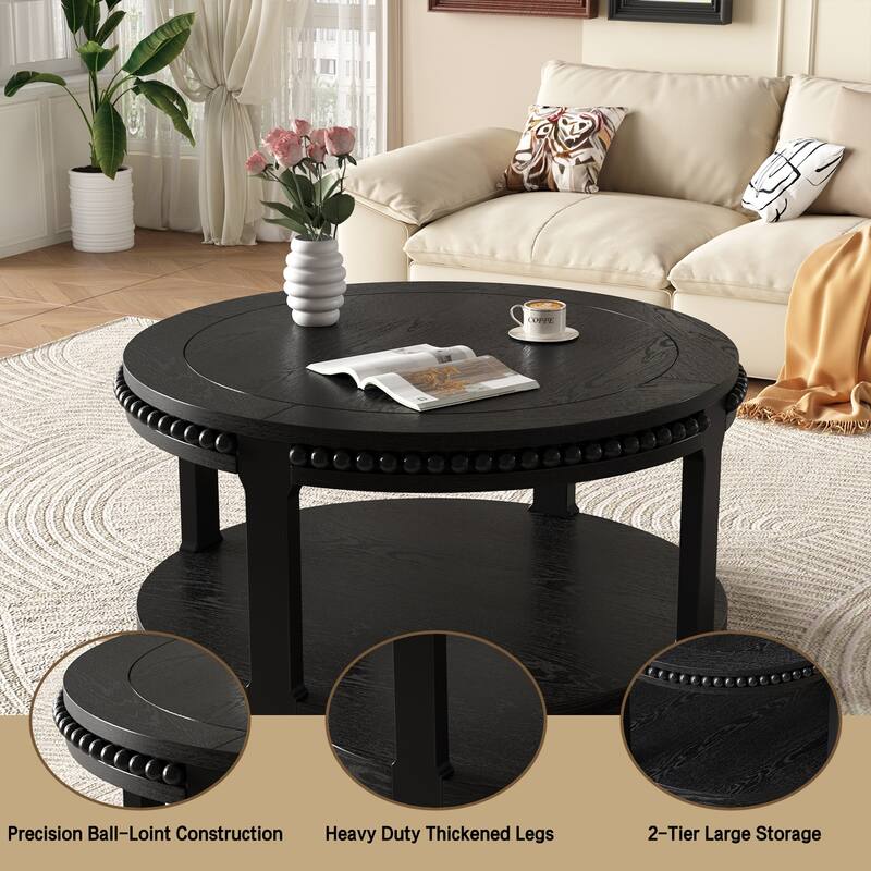 31.5 Inch Round Solid Wood Coffee Table for Living Room