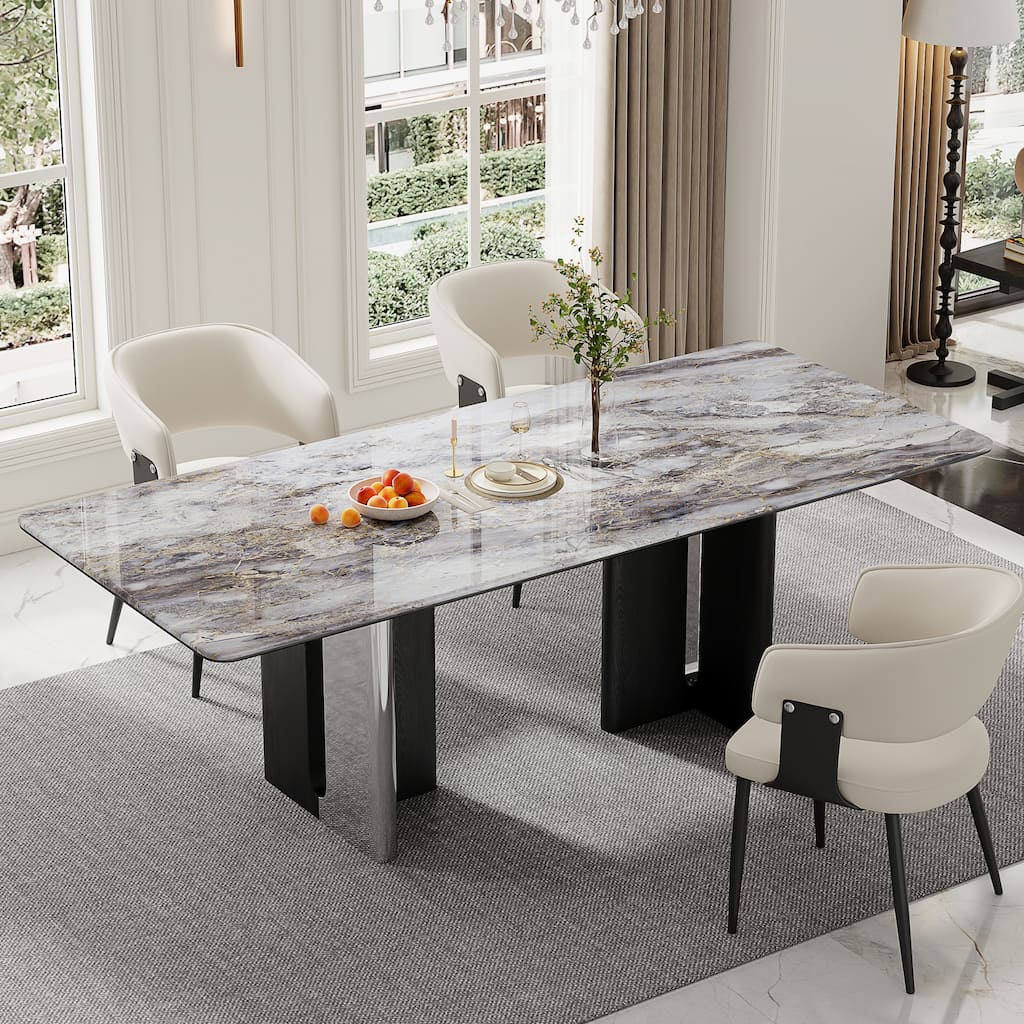 Modern 78.7" Dining Table, Glossy Sintered Stone Top, for 6-8 persons - 78.74"