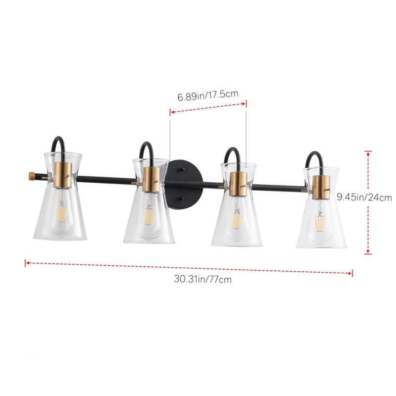 Modern 4-Light Bathroom Vanity Light with Clear Glass Shades, Black and Brass Finish