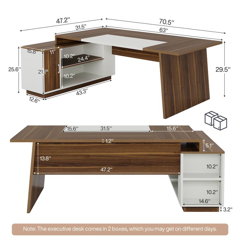 70.5'' Large Executive Desk with File Cabinet, Modern L -Shaped Desk