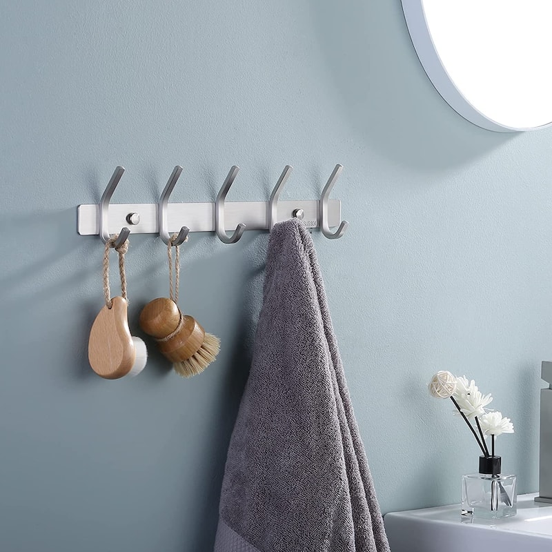 Bathroom Robe and Towel Hook Rack with 5 Hooks - Silver